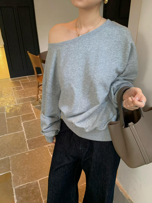 BLUEPOPS-Autumn new oblique shoulder casual loose sweatshirt a5548