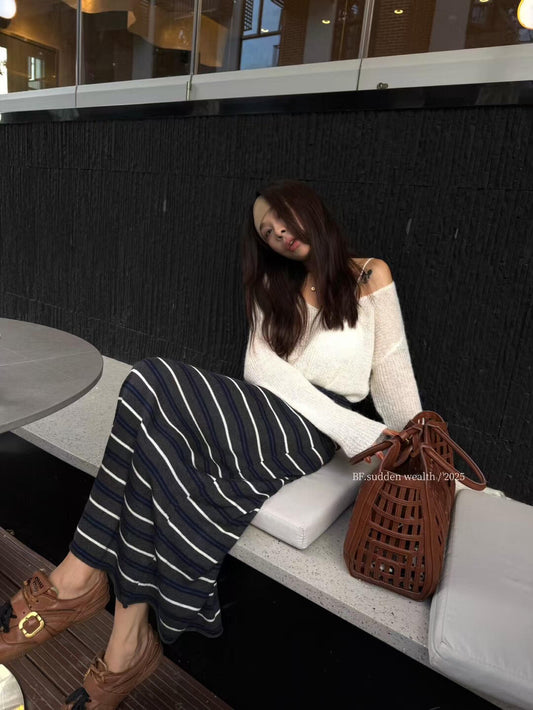 BF.SUDDEN WEALTH-Autumn new striped lace-up fashionable and versatile slim skirt