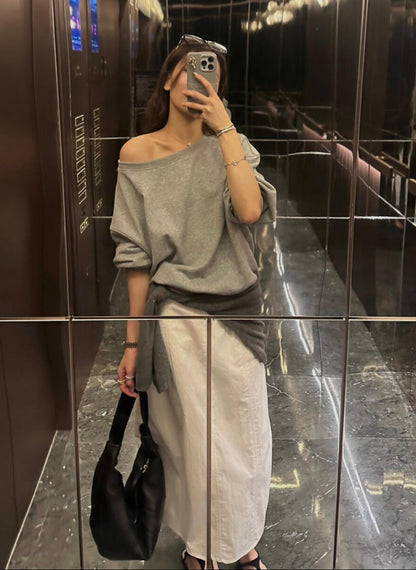 BLUEPOPS-Autumn new oblique shoulder casual loose sweatshirt a5548