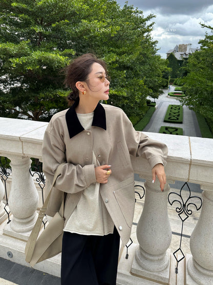 RIN-Autumn new splicing silhouette mid-length short coat (including 2 wool) ES88026