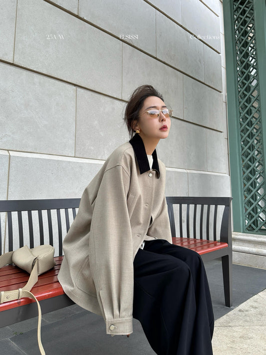 RIN-Autumn new splicing silhouette mid-length short coat (including 2 wool) ES88026