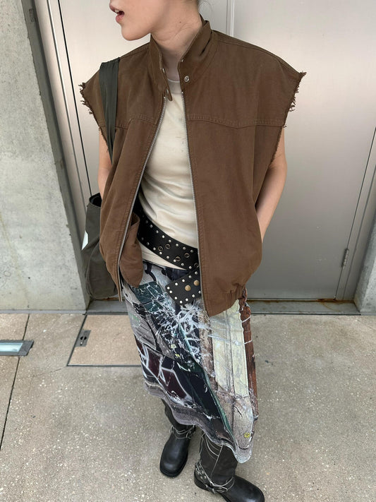 Autumn new double zipper stand collar style ah work pocket washed cotton denim vest jacket vest 7017