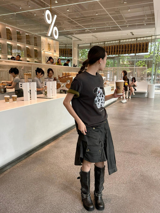Style three-dimensional large pockets washed denim irregular skirt short skirt midi skirt