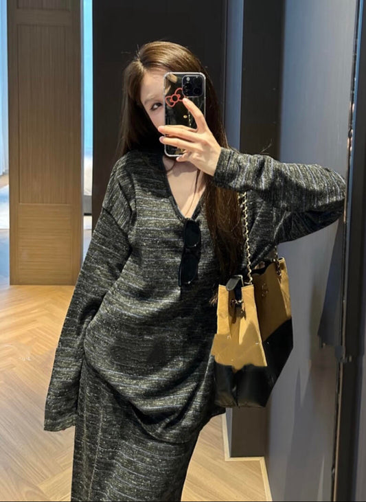 Yvon edit-striped long skirt sweater suit sweater + skirt suit (with belt) 6609