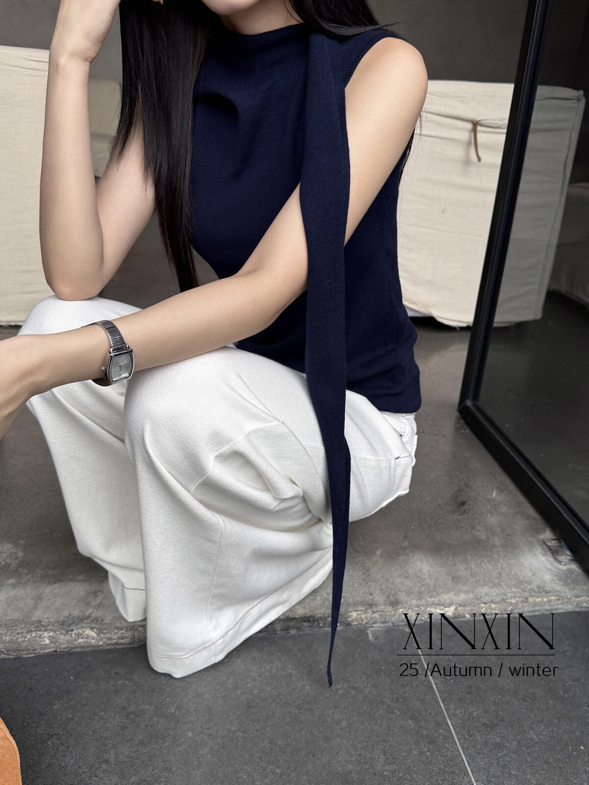 Y- blogger same style simple high-end design ribbon high collar sleeveless short shirt XW295