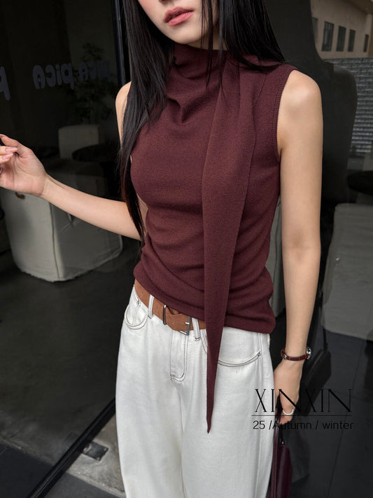 Y- blogger same style simple high-end design ribbon high collar sleeveless short shirt XW295