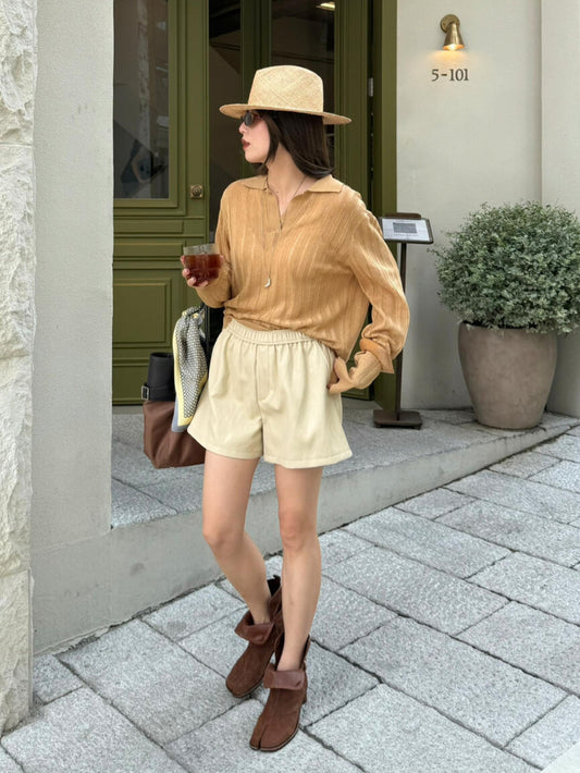 MADEIN OST-Tencel Linen Old Money Lazy Polo Collar Top Sweater S8752