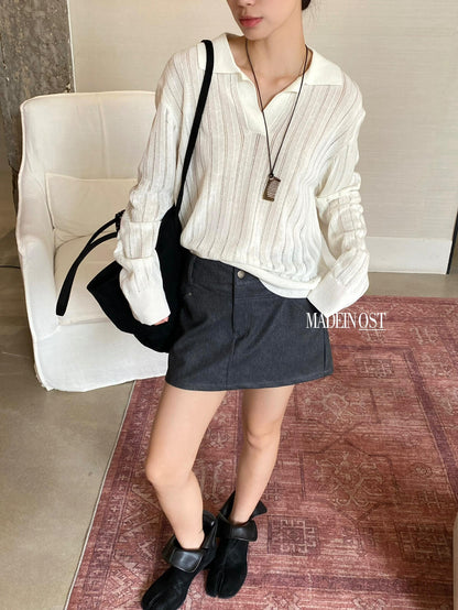 MADEIN OST-Tencel Linen Old Money Lazy Polo Collar Top Sweater S8752