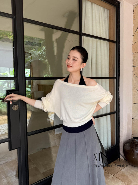 Sexy off-the-shoulder halter top + large round neck one-shoulder loose sweater set XC2686