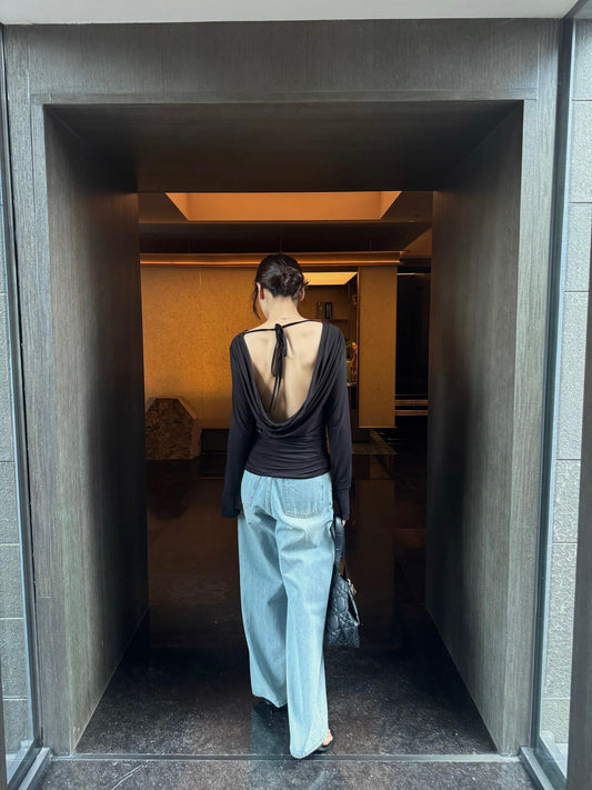 BLUEPOPS-Autumn new open back tie long sleeve sweater w2313
