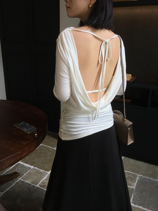 BLUEPOPS-Autumn new open back tie long sleeve sweater w2313